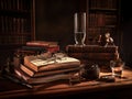 A stack of books and glasses on a table. AI generative image Royalty Free Stock Photo