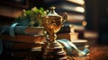 Stack of books with golden cup trophy and medal. Generative AI. Royalty Free Stock Photo
