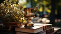 Stack of books with golden cup trophy and medal. Generative AI. Royalty Free Stock Photo