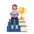 Stack of books with golden cup trophy. Reading, literature, encyclopedia. Girl sitting on the stack of books and reading book. Royalty Free Stock Photo