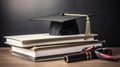 Stack of books, graduate cap, diploma and fether pen on the school desk isolated on white background. Generative Ai Royalty Free Stock Photo