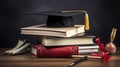 Stack of books, graduate cap, diploma and fether pen on the school desk isolated on white background. Generative Ai Royalty Free Stock Photo