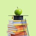 Stack of books, graduation cap and apple on light background Royalty Free Stock Photo