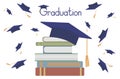 Stack of books with graduation cap on background of flying caps. Graduation. Vector illustration Royalty Free Stock Photo