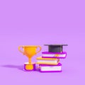 Stack of books, graduation cap and champion cup on violet background