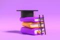 Stack of books, graduation cap and ladder on violet background Royalty Free Stock Photo
