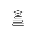 Stack of books with graduation cap or mortar board. line icon isolated on white background Royalty Free Stock Photo