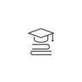 stack of books with graduation cap or mortar board. line icon isolated on white background Royalty Free Stock Photo