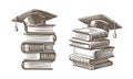 Stack of books with graduation cap sketch. Studying in college, school concept. Vintage vector illustration Royalty Free Stock Photo