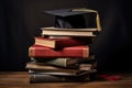 a stack of books with a graduation cap on the topmost one