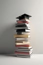 Stack of books with graduation hat, created with generative AI Royalty Free Stock Photo