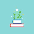 Stack of books with green sprig or sprout, flower and bulb. Flat icon isolated on blue background