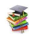 Stack of books that has a diploma and an alumni banner.The concept of a step to science and doctrine. 3d illustration