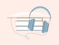 A stack of books and headphones connected to an open book. Flat vector illustration