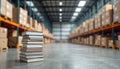 Stack of books inside large warehouse storage facility with shelves full of cardboard boxes. Image represents publishing Royalty Free Stock Photo