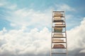 Stack of books on a ladder against blue sky with white clouds background, book stack with ladder on sky with clouds backgrou