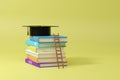 Stack books with ladder and black square academic cap on top isolated on yellow background, 3d Royalty Free Stock Photo