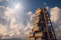 Stack of books and ladder climbing towards the sky. Knowlage and studying concept. Generative Ai Royalty Free Stock Photo