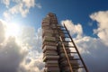 Stack of books and ladder climbing towards the sky. Knowlage and studying concept. Generative Ai Royalty Free Stock Photo