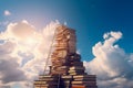 Stack of books and ladder climbing towards the sky. Knowlage and studying concept. Generative Ai Royalty Free Stock Photo