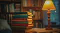 The stack of books and lamp.AI generated image Royalty Free Stock Photo