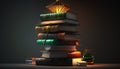 Stack of books and lamp on dark background. 3D illustration. Royalty Free Stock Photo