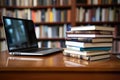 Stack of books with laptop on a wooden table in library room Royalty Free Stock Photo