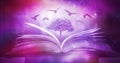 Stack of books in the library and blur bookshelf background Imagine a picture book of an ancient book opened on a wooden table wit