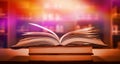 Stack of books in the library and blur bookshelf background Imagine a picture book of an ancient book opened on a wooden table wit