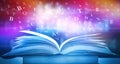 Stack of books in the library and blur bookshelf background Imagine a picture book of an ancient book opened on a wooden table wit