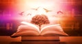 Stack of books in the library and blur bookshelf background Imagine a picture book of an ancient book opened on a wooden table wit