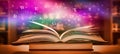 Stack of books in the library and blur bookshelf background Imagine a picture book of an ancient book opened on a wooden table wit