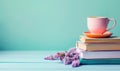 Stack of books on a light blue table with a pastel lavender background Royalty Free Stock Photo
