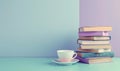 Stack of books on a light blue table with a pastel lavender background Royalty Free Stock Photo