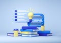 Stack of books, light bulb, pencil cup and take away coffee over blue background, 3d rendering. Concept of education, research and