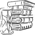 A stack of books lying on top of each other behind an hourglass sketch vector illustration Royalty Free Stock Photo