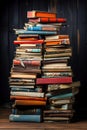 A stack of books, magazines and newspapers sitting on top of a wooden table