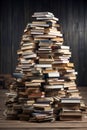 A stack of books, magazines and newspapers sitting on top of a wooden table