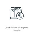 Stack of books and magnifier outline vector icon. Thin line black stack of books and magnifier icon, flat vector simple element Royalty Free Stock Photo