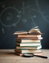 Stack of books with magnifying glass on wooden table near blackboard background. Study concept includes education learning Royalty Free Stock Photo