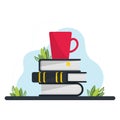 a stack of books and a mug. Books and reading set. Textbooks for academic studies. Literary fans.