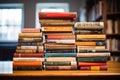 A stack of books neatly placed on top of a wooden table, providing a straightforward and informative visual, Classic paperback