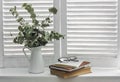 Stack of books, notebook, glasses, jug of dry eucalyptus branches on a light window with wooden rustic blinds. Cozy home