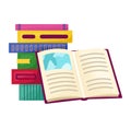 Stack books one open front showing pages. Colorful textbooks flipped page book. Education