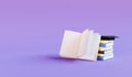 Stack of books, open book and graduation cap on purple background. Online education and degree concept. 3d render Royalty Free Stock Photo