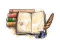 Stack of books, open book and quill pen Royalty Free Stock Photo