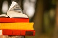 Stack of books and Open hardback book on blurred Royalty Free Stock Photo