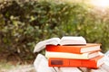 Stack of books and Open hardback book on blurred nature landscape Royalty Free Stock Photo