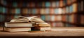The stack of books open on a rustic wooden desk in a cozy library setting. AI generated image Royalty Free Stock Photo