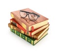 Stack of books with a pair of eyeglasses on top.